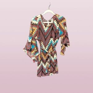 Boho Geo Print Belted Mini Dress in Burgundy and Teal